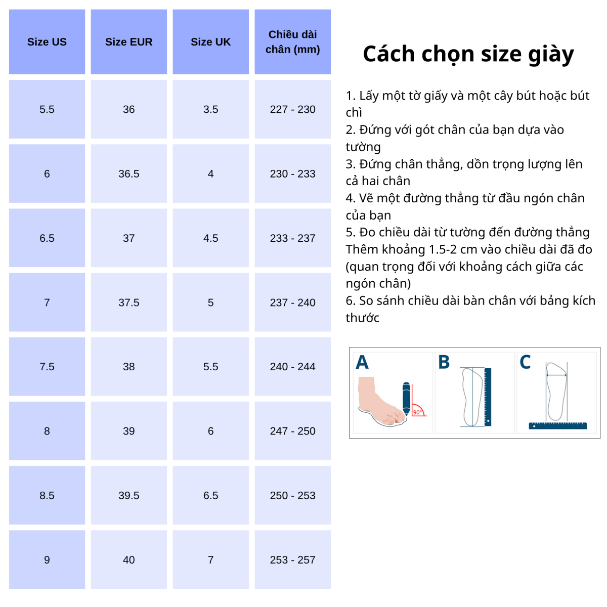 Bảng size giày Kailas nữ