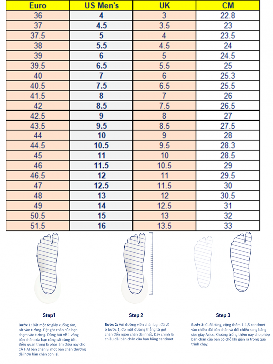 Bảng size giày Asics
