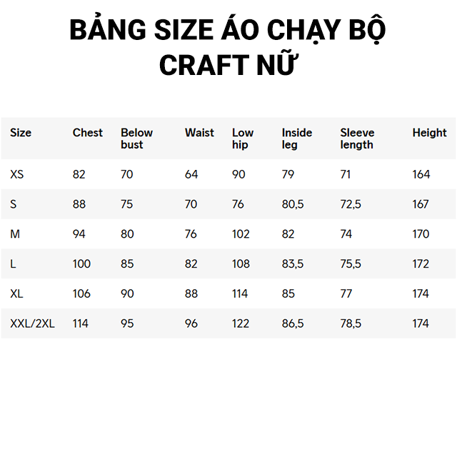 size áo craft nữ