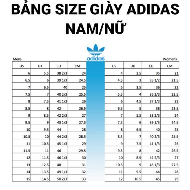 Size giày Adidas nam/nữ