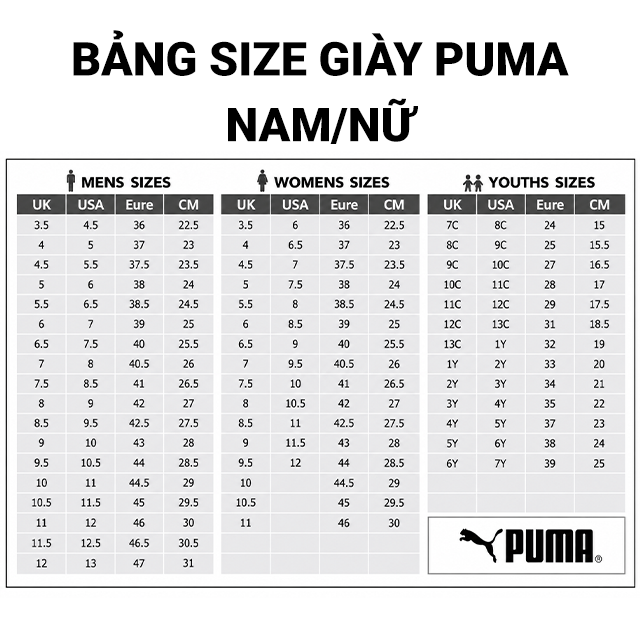 size giày puma