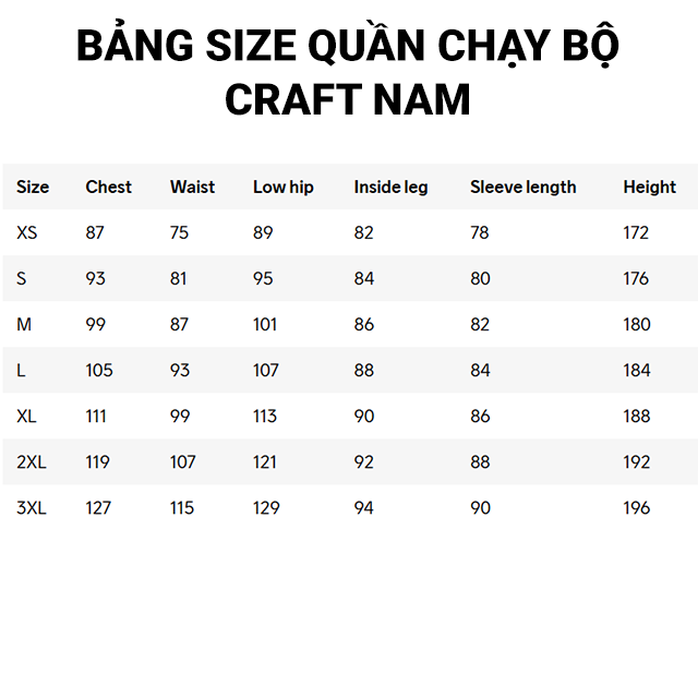 size quần craft nam
