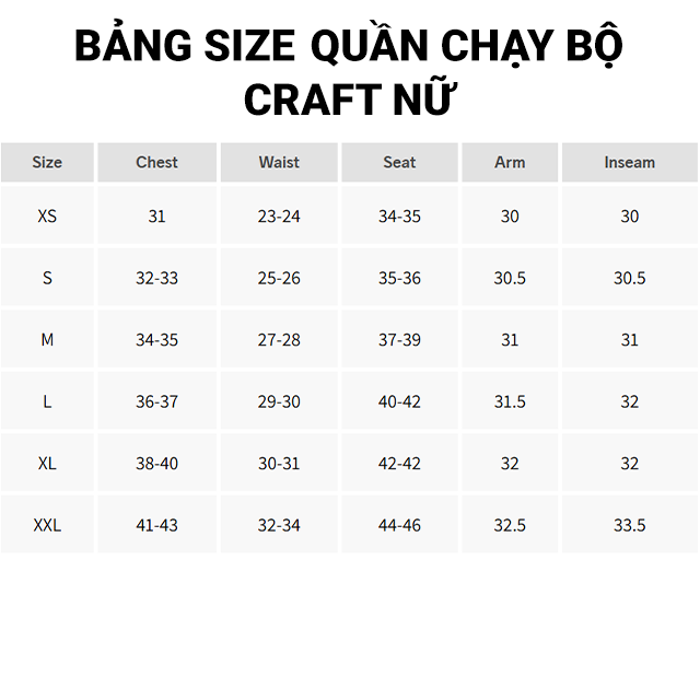 size quần craft nữ