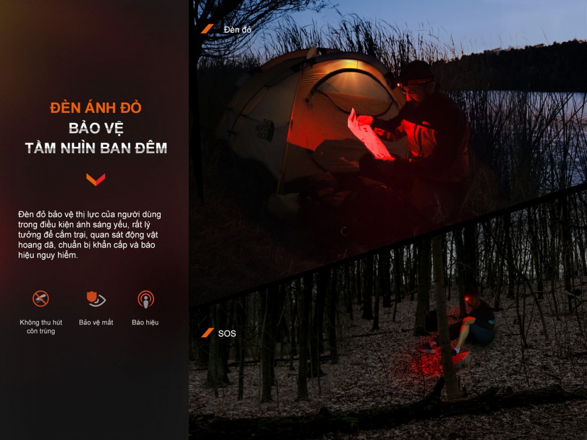 Ánh sáng đỏ trên đèn pin đội đầu Fenix HL16