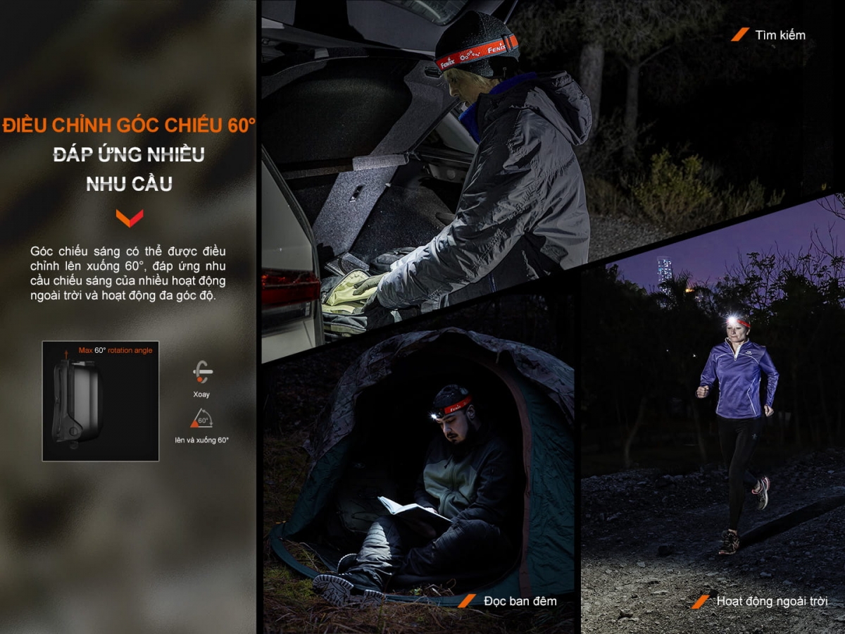  Đèn pin đội đầu Fenix HL16 có thể gập góc 60°