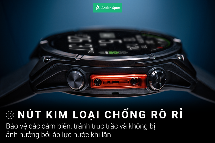 Đồng hồ trang bị các nút chống nước, bảo vệ cảm biến bằng kim loại