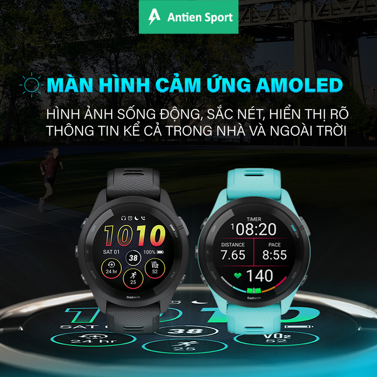 FR265s trang bị màn hình AMOLED, hiển thị sống động và sắc nét