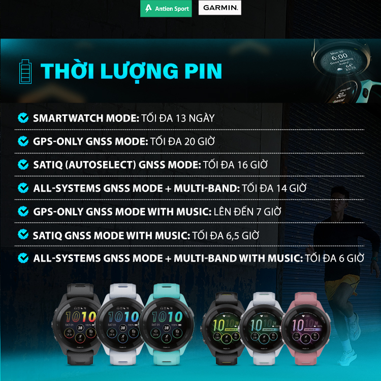 FR265 cho thời lượng pin tới 13 ngày ở chế độ thông minh, kéo dại mọi cuộc phiêu lưu của bạn