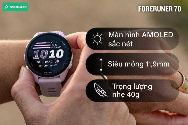 Forerunner 70 gọn, nhẹ trên cổ tay cho cảm giác thoải mái, dễ chịu khi đeo