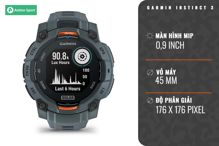Instinct 3 Solar 45 MM hiển thị hình ảnh sáng với màn hình MIP 0,9 inch
