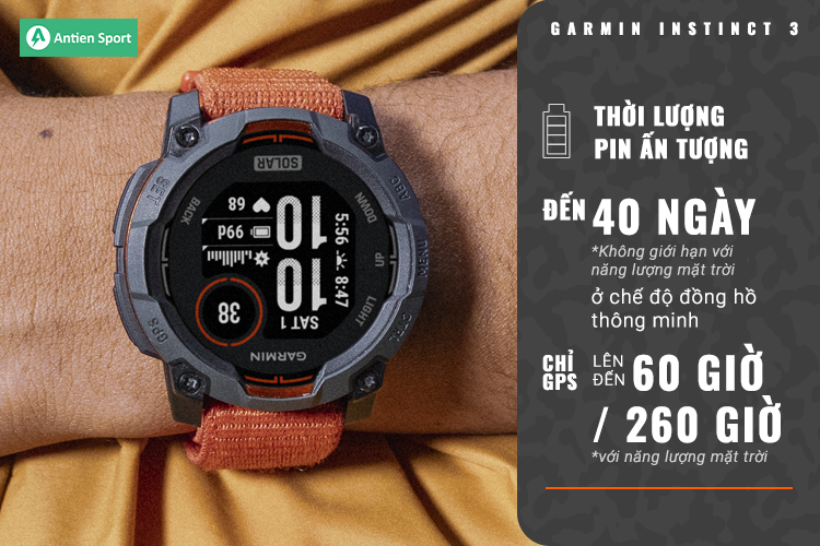 Phiên bản Instict 3 Solar 50 MM cho thời lượng sử dụng tới 40 ngày ở chế độ smart watch