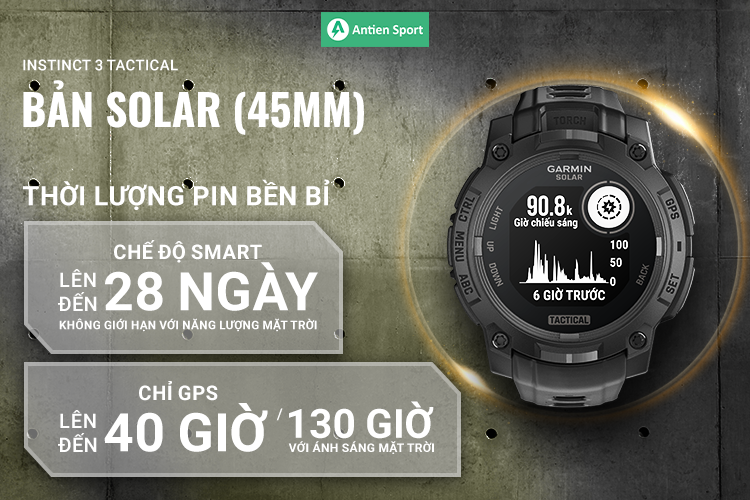 Instinct 3 - 45 mm, Solar Tactical cung cấp thời lượng pin khủng tới 28 ngày ở chế độ thông minh