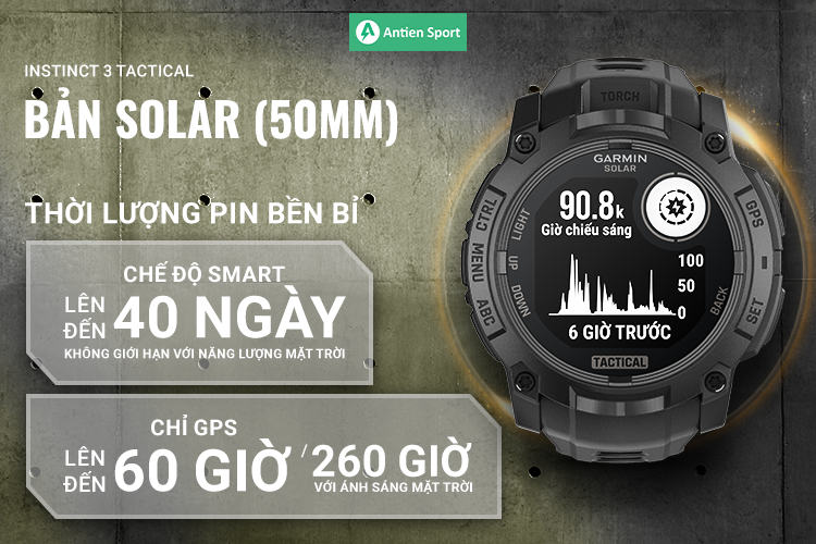 Instinct 3 - 50 mm, Solar Tactical cung cấp thời lượng pin khủng tới 40 ngày ở chế độ thông minh