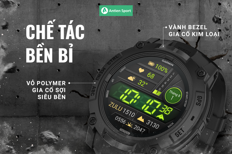 Instinct 3 Tactical sở hữu thiết kế nồi đồng cối đá, nổi bật với màn hình Amoled hiển thị sống động, rực rỡ