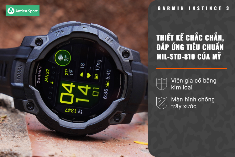 Instinct 3 được gia cố chắc chắn với viền bezel bằng kim loại