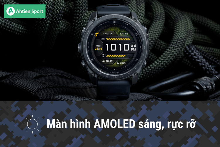 Tactix 8 nổi bật với màn hình AMOLED sáng, hiển thị thông tin rõ ràng