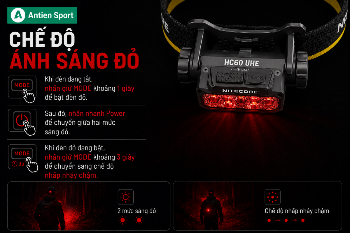 Cách sử dụng ánh sáng đỏ trên đèn pin đội đầu Nitecore HC60 UHE